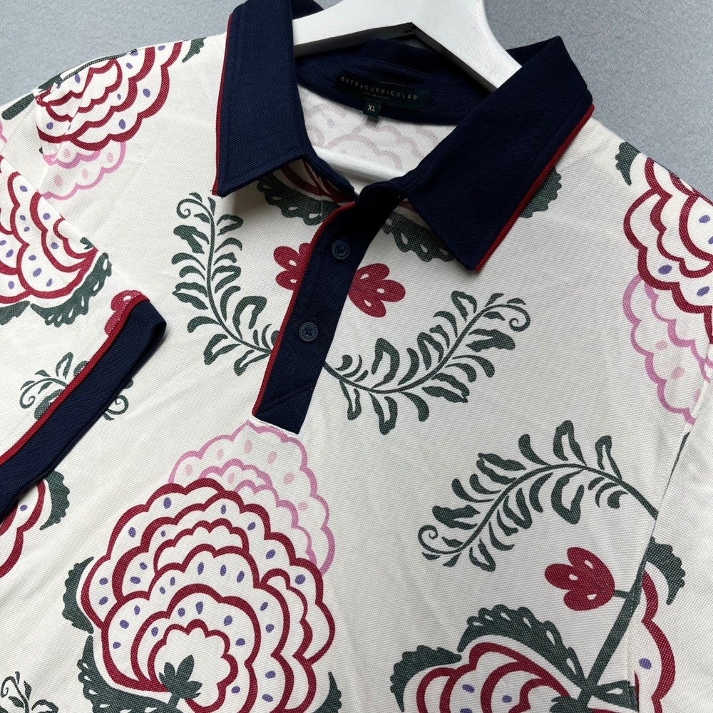 Extracurricular Los Angeles Mens XL Polo Shirt White Floral Damask Golf Blue Red